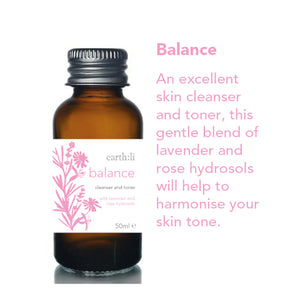 earth:li balance is an excellent skin cleanser and toner, with a gentle blend of lavender and rose hydrosols to help to harmonise your skin tone.